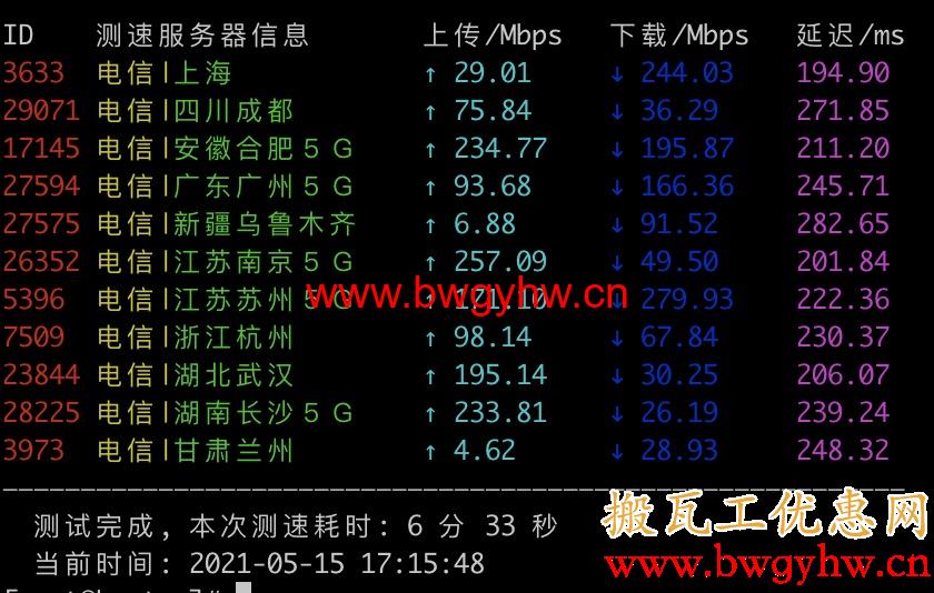 搬瓦工纽约机房电信测速