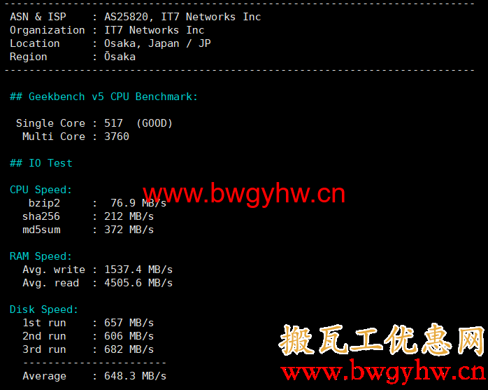 搬瓦工日本大阪CN2 GIA机房benchmark