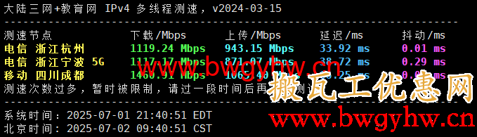搬瓦工东京CN2 GIA机房速度测试